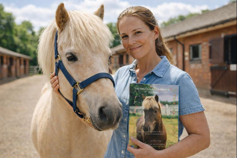 Woman holding a book about horses next to a horse in an outdoor setting