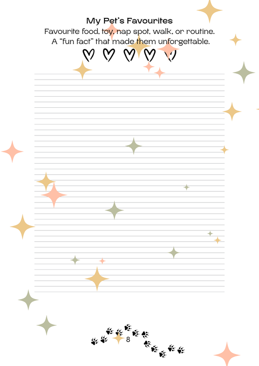 Sheet of paper with lined notebook pages, decorative stars, and text about a pet's favorites.