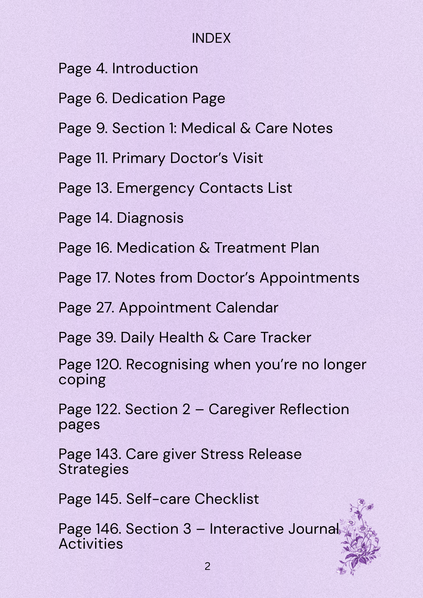 lilac page with an index of cotents 