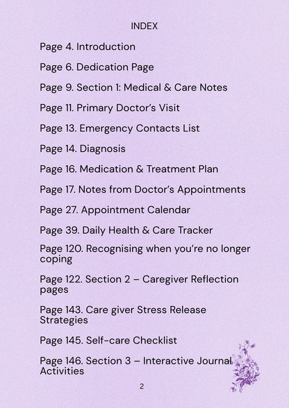 lilac page with an index of cotents 