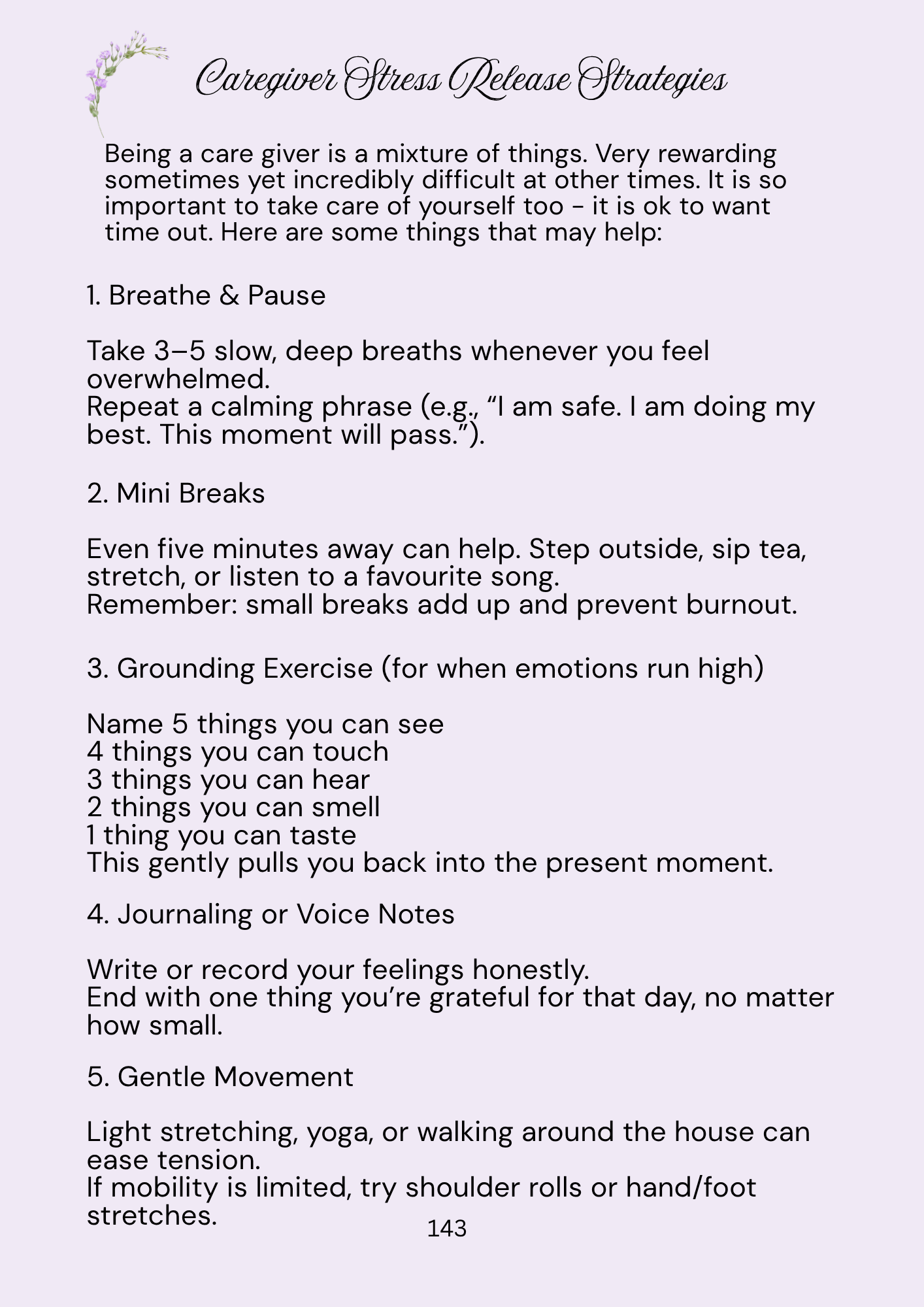 Lilac page with Care giver stress release strategy list