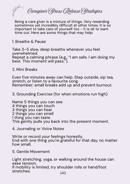 Lilac page with Care giver stress release strategy list