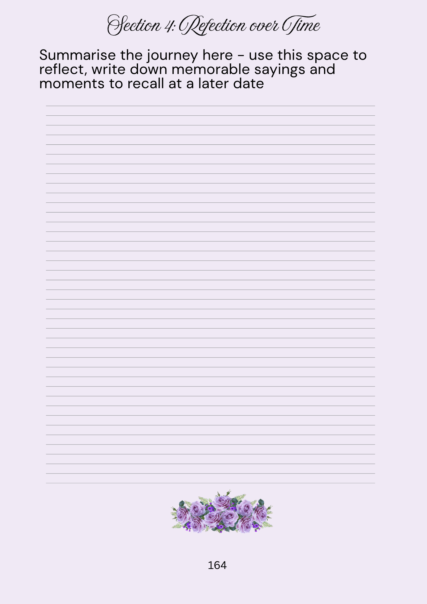Page from a notebook with lined paper, reflective text, and a floral design at the bottom.