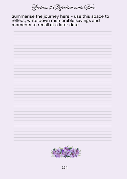 Page from a notebook with lined paper, reflective text, and a floral design at the bottom.