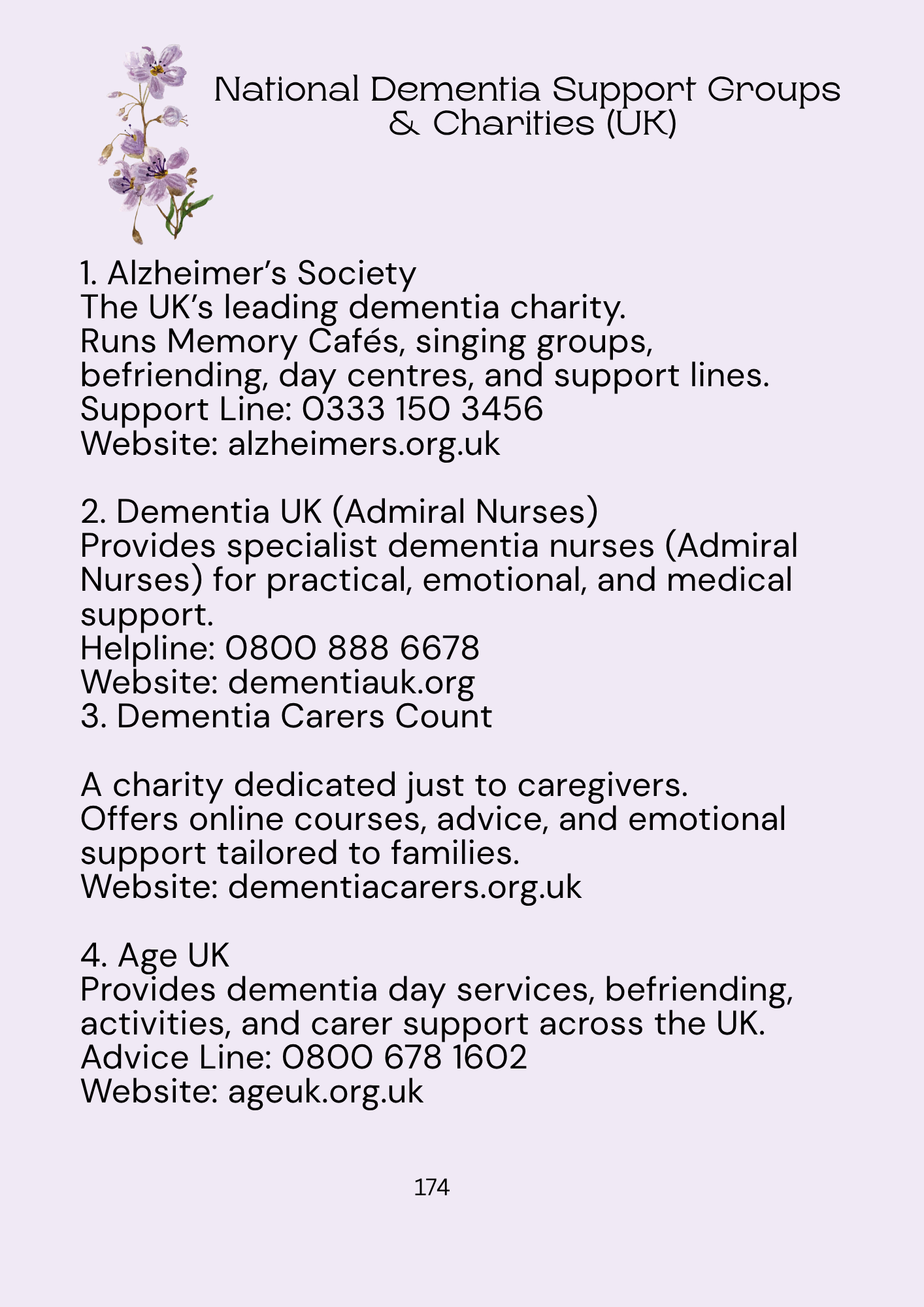 List of National Dementia Support Groups & Charities in the UK on a white background with a purple flower logo.