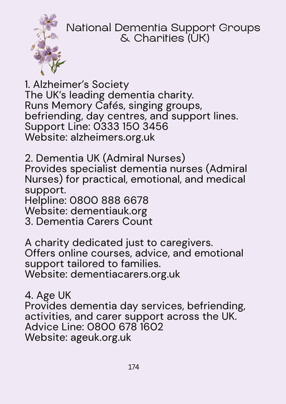 List of National Dementia Support Groups & Charities in the UK on a white background with a purple flower logo.