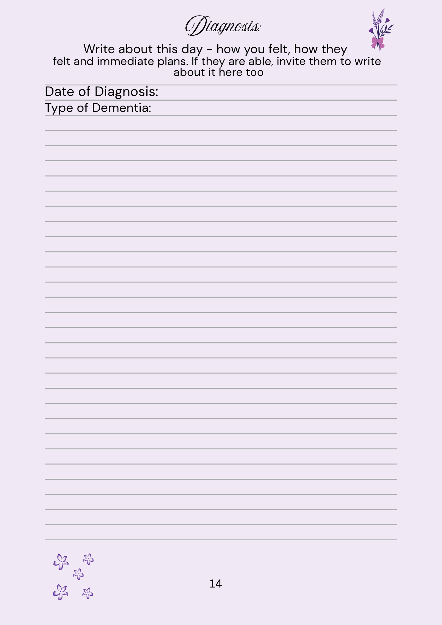 white page with page lines and titled, Diagnosis