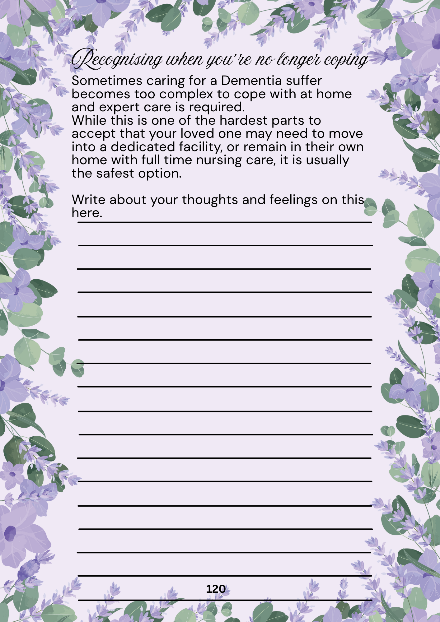lilac page with purple flower border and text, recognising when you are no longer coping