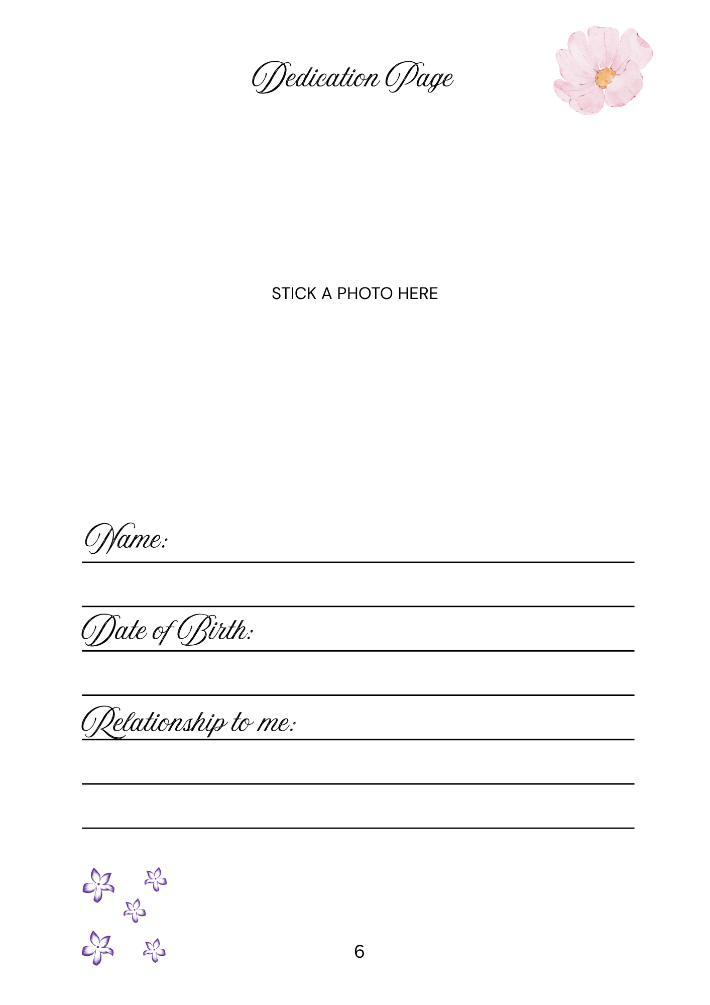 White page with dedication text and purple flowers