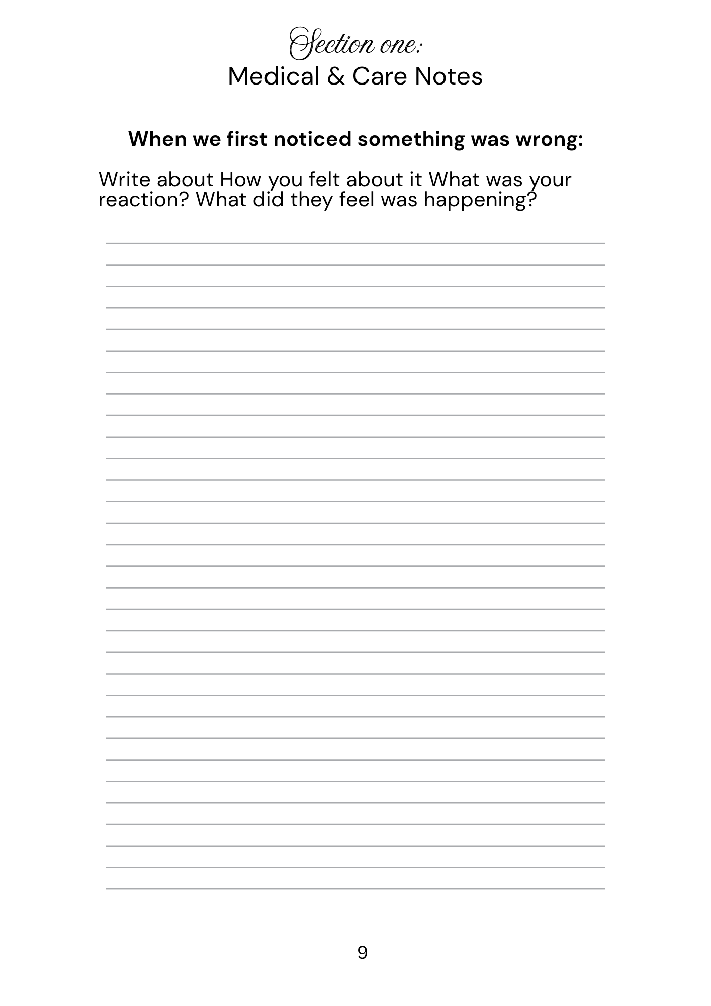 white page with text - medical and care notes with page lines