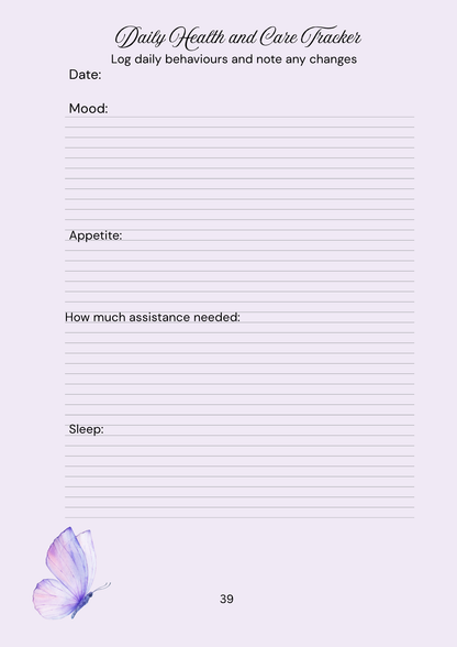 white page with purple butterfly detail and text, Daily health and care tracker