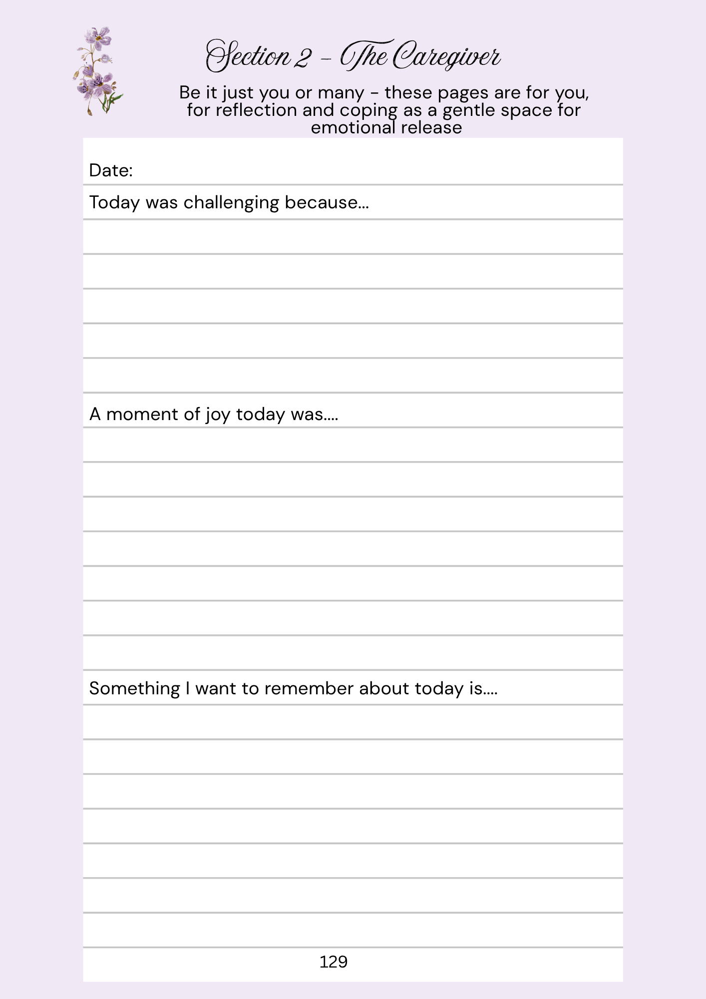 lilac bordered page with white centre with page lines and text Section 2 - The caregiver
