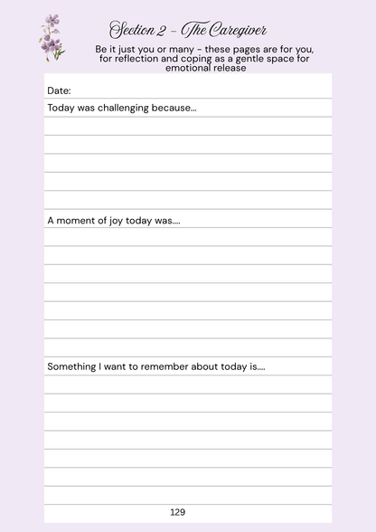lilac bordered page with white centre with page lines and text Section 2 - The caregiver