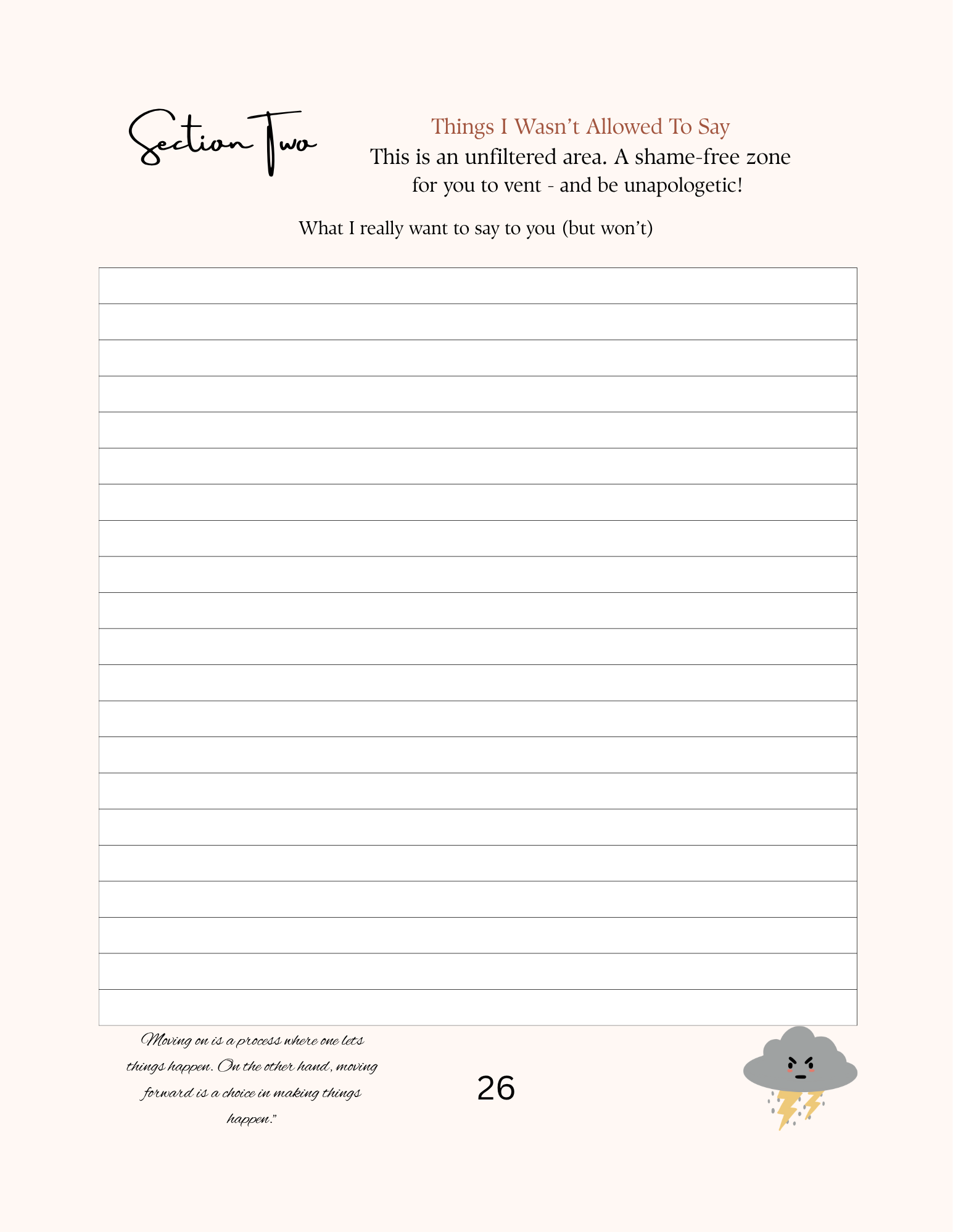 Inside Page from a Divorce recovery  journal with lined text area and cloud illustration on a white background