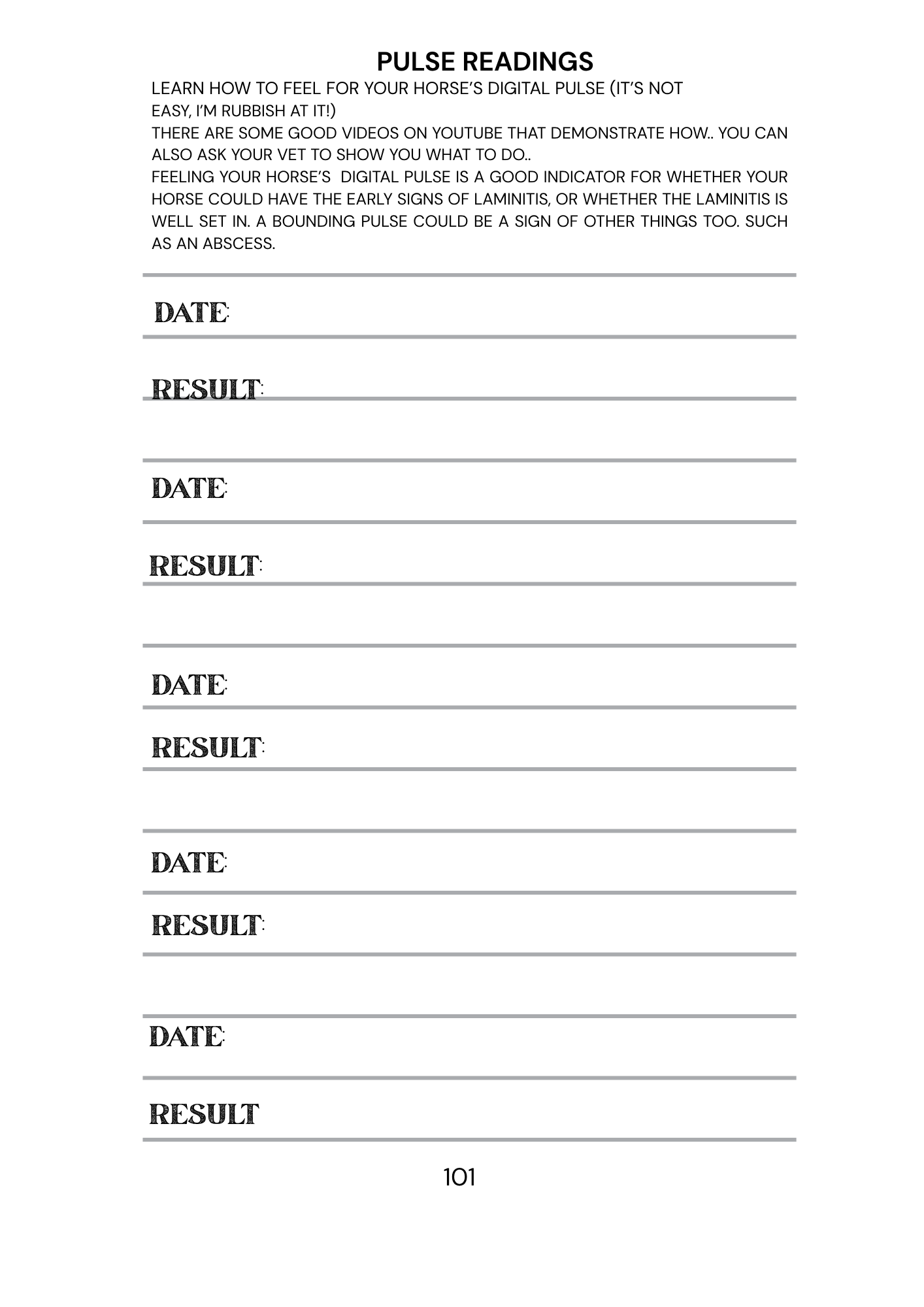 Sheet for recording horse pulse readings with columns for date and result.