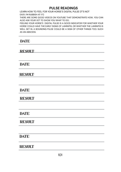 Sheet for recording horse pulse readings with columns for date and result.
