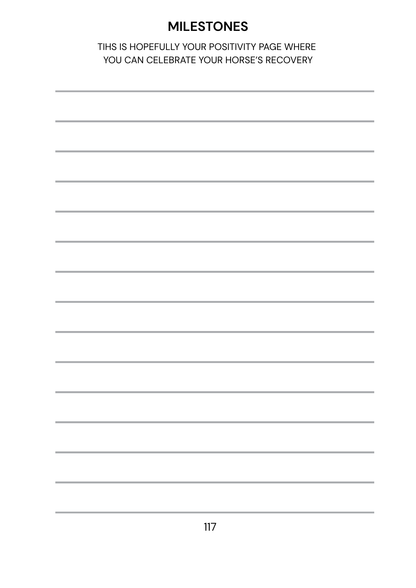 Blank page with lined text area for celebrating a horse's recovery, titled 'Milestones'.