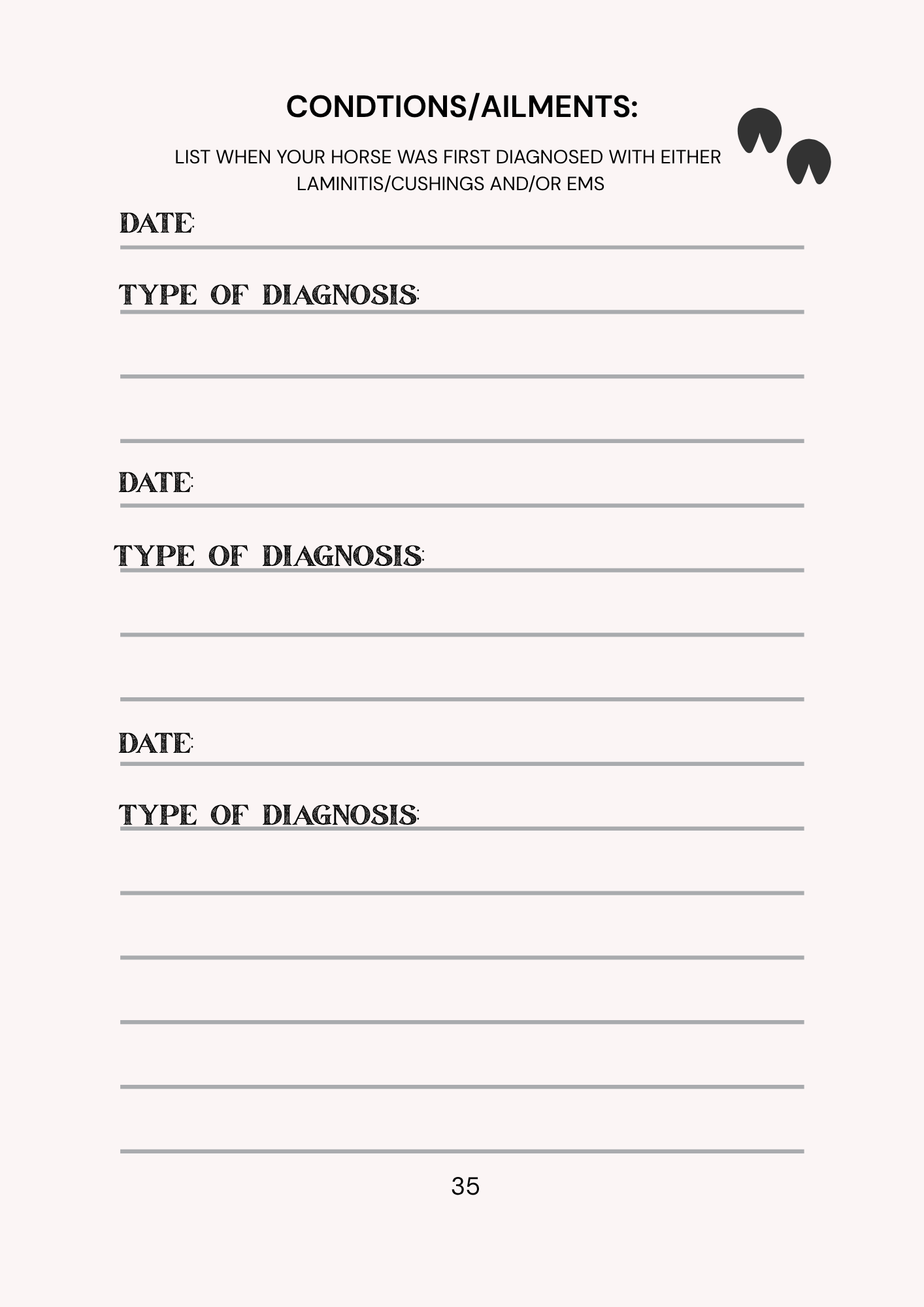 Form for recording horse diagnoses with columns for date, type of diagnosis, and conditions/ailments.