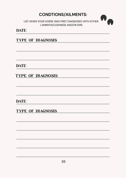 Form for recording horse diagnoses with columns for date, type of diagnosis, and conditions/ailments.