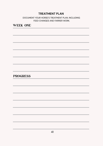 Treatment plan document for a horse, including sections for week one and progress tracking.