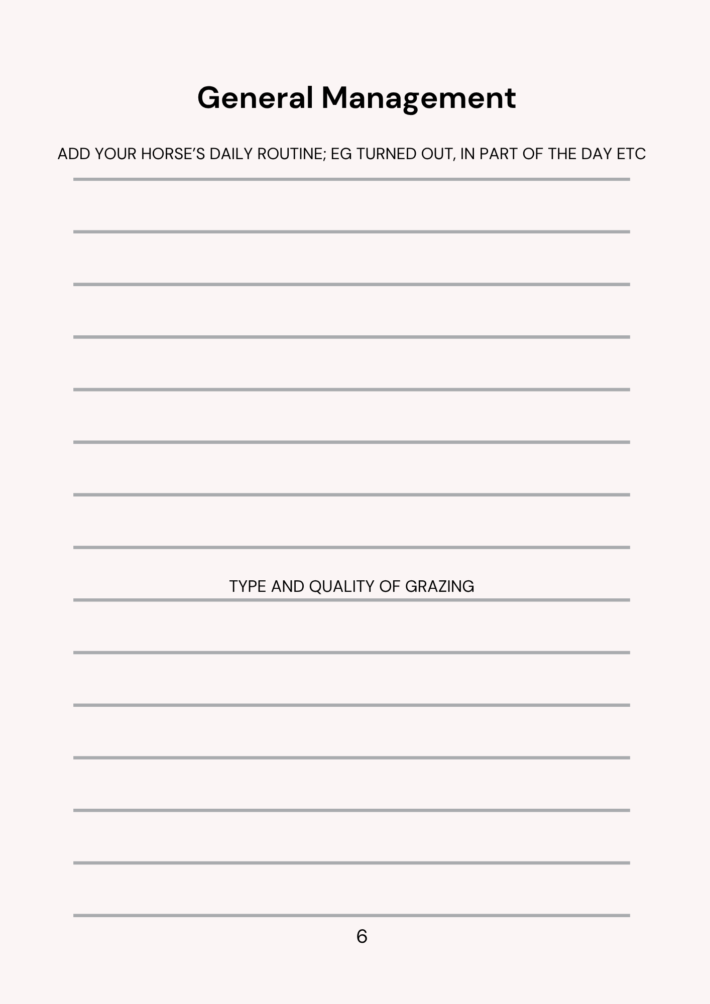 Sheet of paper with text and lines for writing a horse's daily routine.