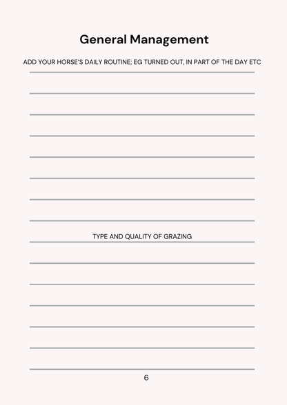 Sheet of paper with text and lines for writing a horse's daily routine.