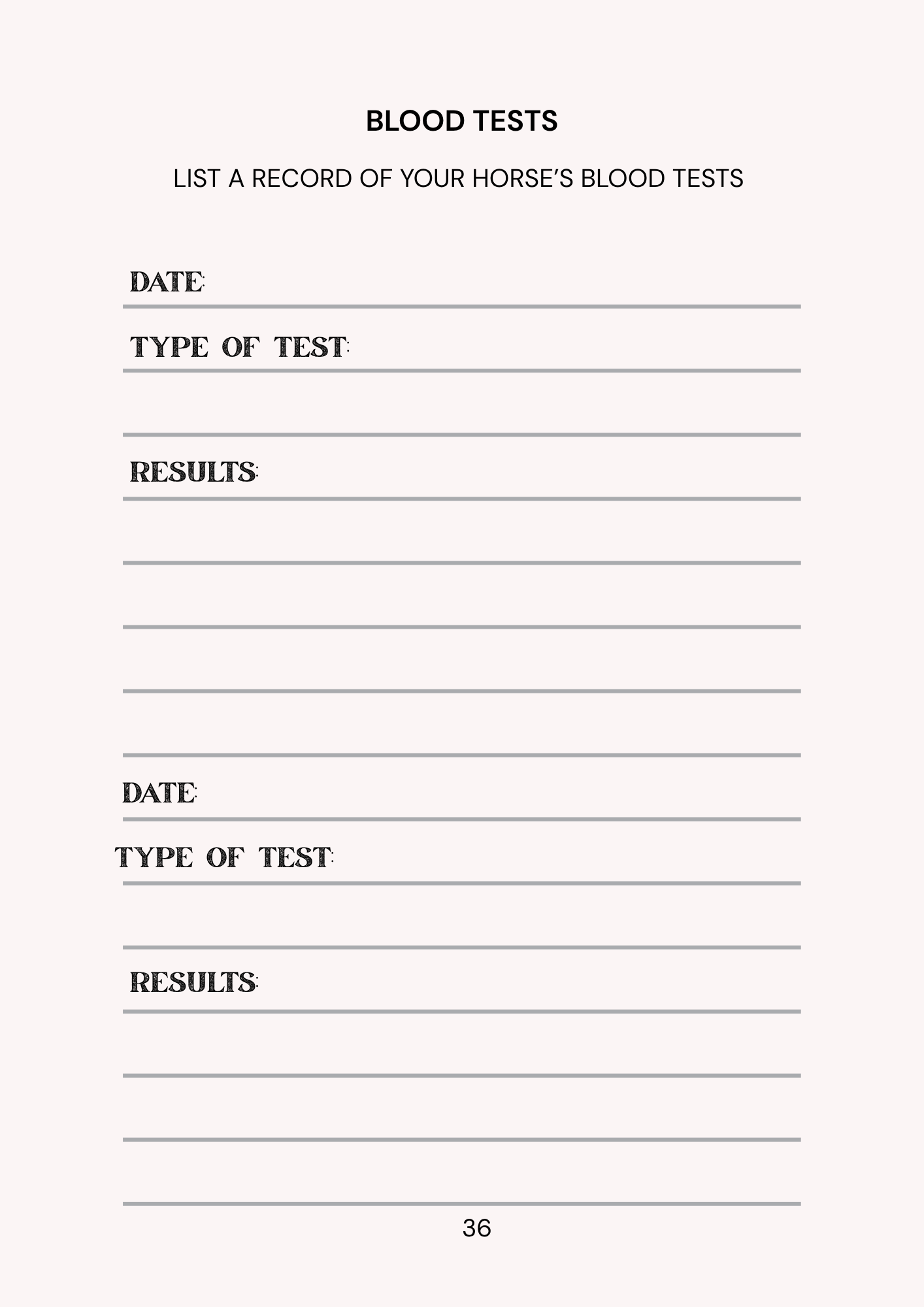 Form for recording horse blood test results with columns for date, type of test, and results.