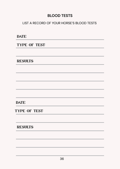 Form for recording horse blood test results with columns for date, type of test, and results.