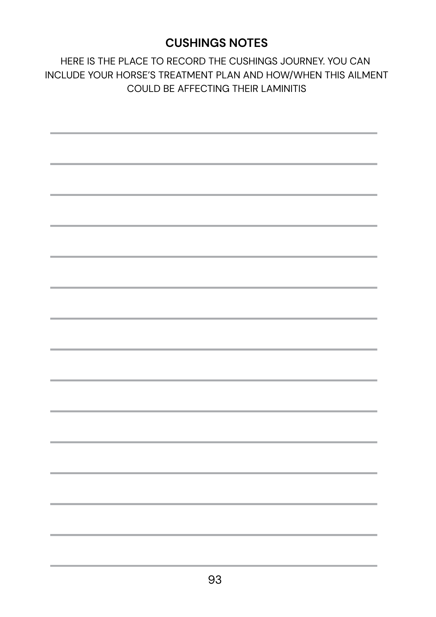 Sheet of paper with lined text area for 'Cushings Notes' related to horse laminitis treatment.