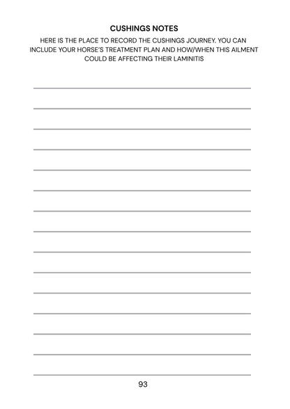 Sheet of paper with lined text area for 'Cushings Notes' related to horse laminitis treatment.