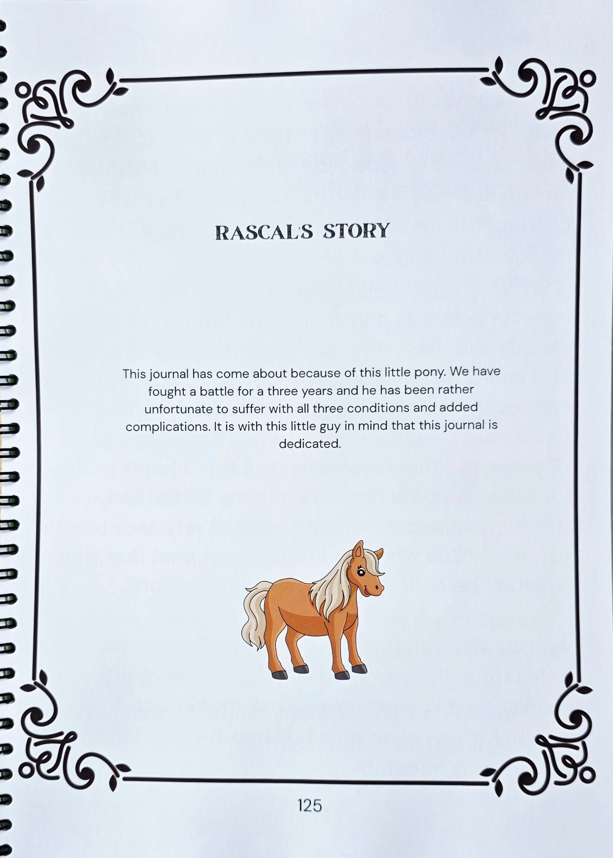 Page from a journal with a cartoon pony and text about 'Rascal's Story' on a light background.