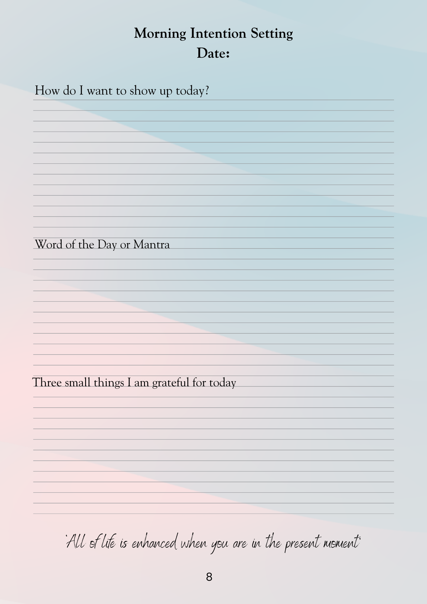 Sheet of paper with lined notebook design and text prompts for morning intention setting.