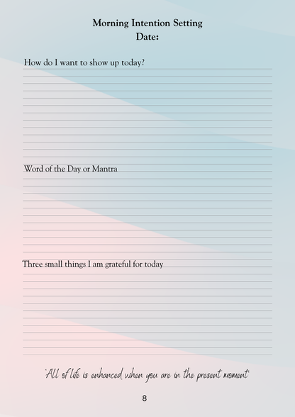 Sheet of paper with lined notebook design and text prompts for morning intention setting.