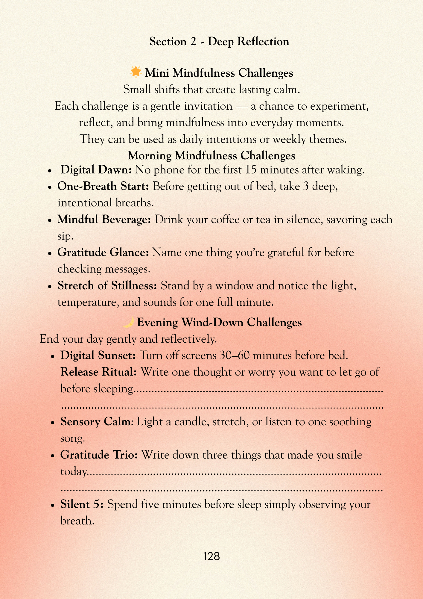 Page from a book or guide on mindfulness challenges with a gradient background