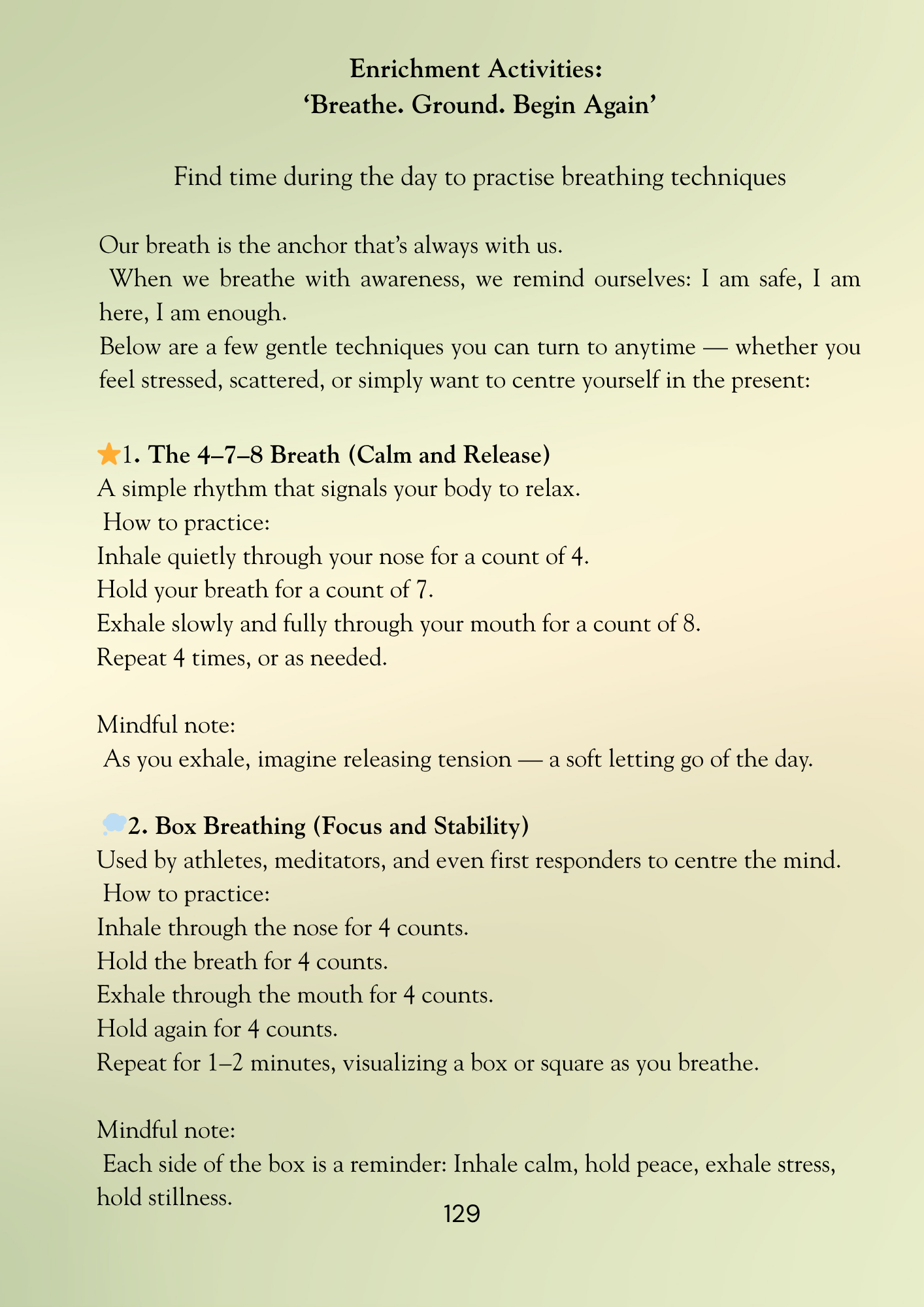 Sheet of paper with text on breathing techniques and mindfulness exercises.