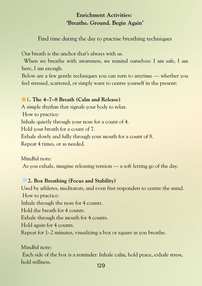 Sheet of paper with text on breathing techniques and mindfulness exercises.