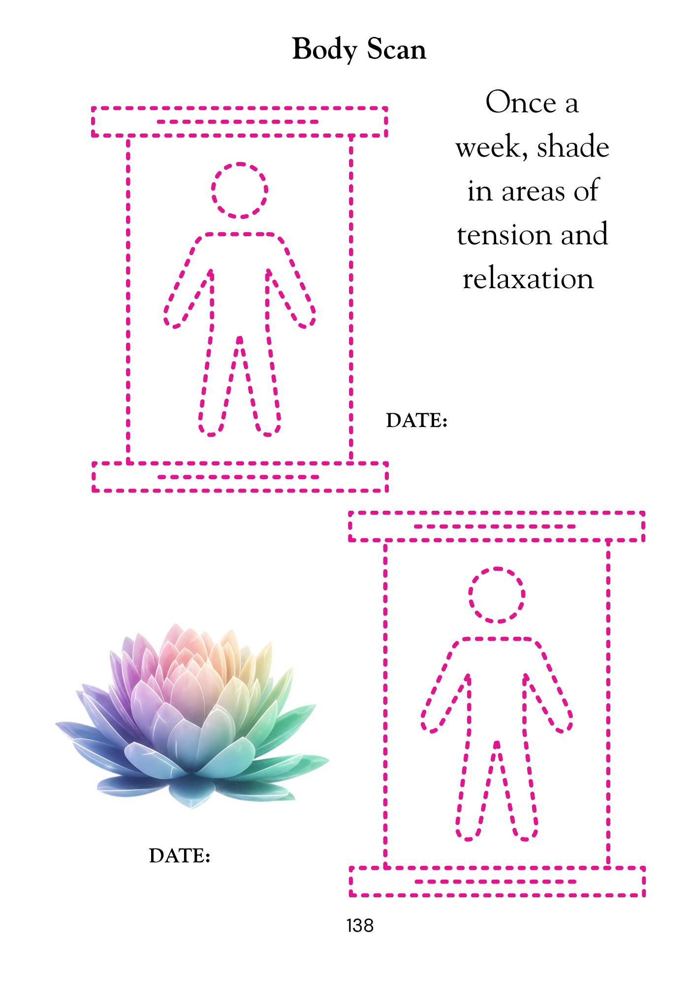 Body scan worksheet with two outlined human figures and a coloruful lotus flower on a white background.