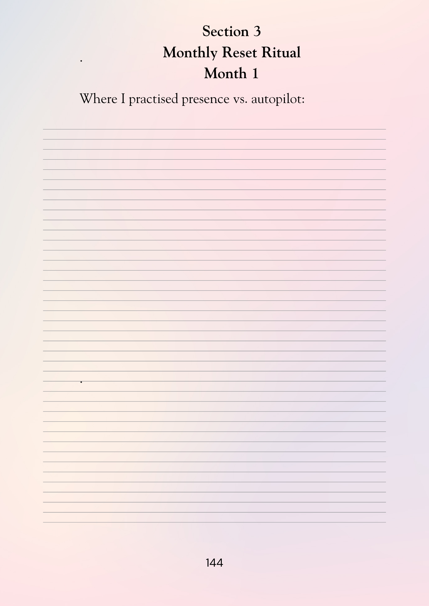 Page from a notebook titled 'Monthly Reset Ritual Month 1' on a gradient background