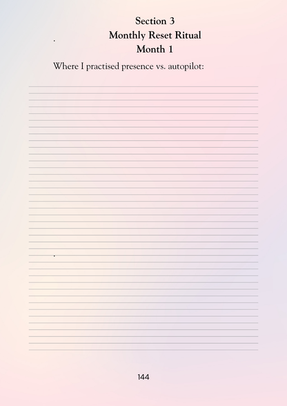Page from a notebook titled 'Monthly Reset Ritual Month 1' on a gradient background