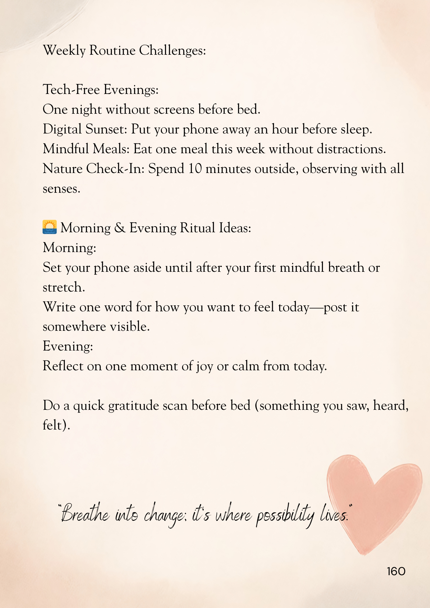 Weekly routine challenges with text and a heart symbol on a beige background