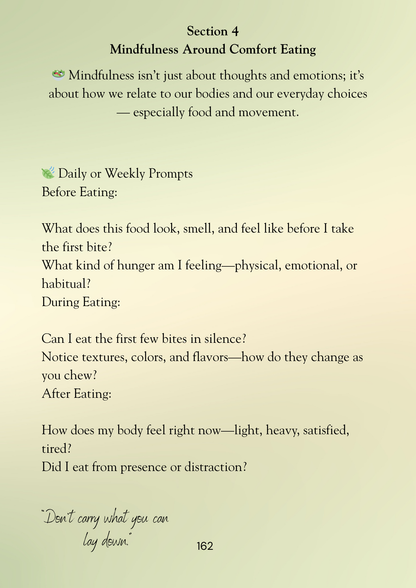 Text on a light green background discussing mindfulness around comfort eating.