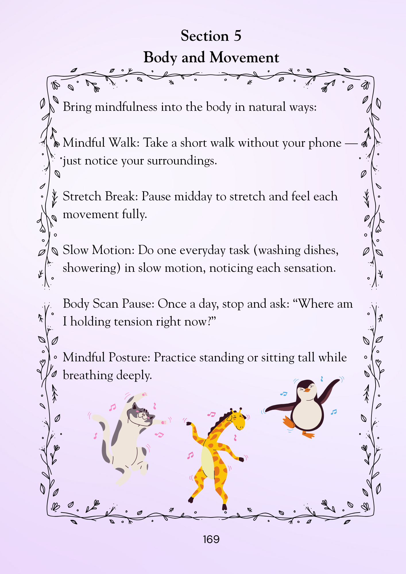 Page from a book titled 'Body and Movement' with mindfulness exercises and illustrations on a purple background.