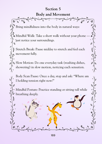 Page from a book titled 'Body and Movement' with mindfulness exercises and illustrations on a purple background.