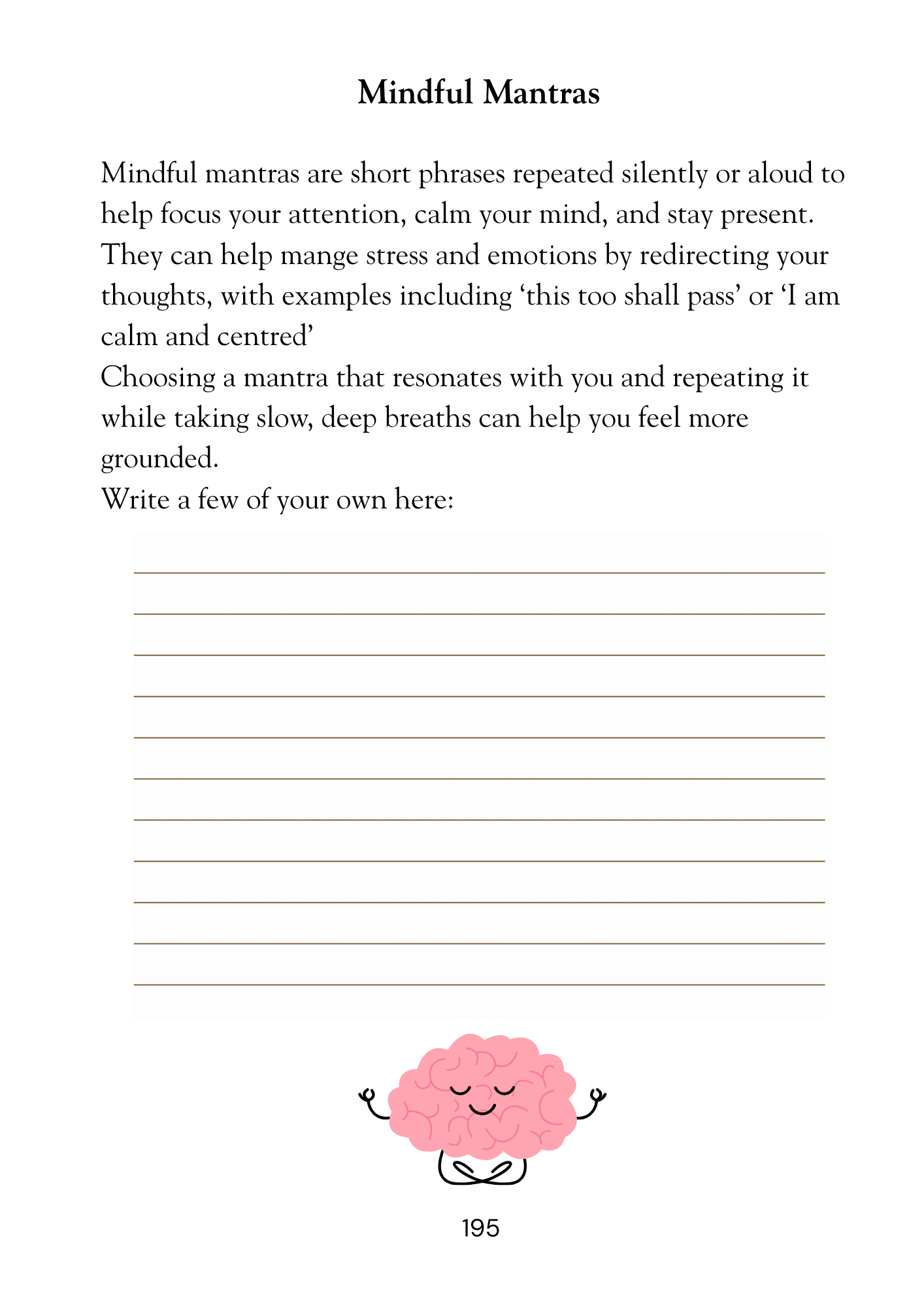 Sheet with text about mindful mantras and a space to write personal mantras, featuring a cartoon brain at the bottom.