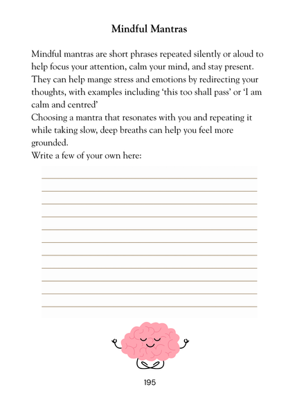 Sheet with text about mindful mantras and a space to write personal mantras, featuring a cartoon brain at the bottom.