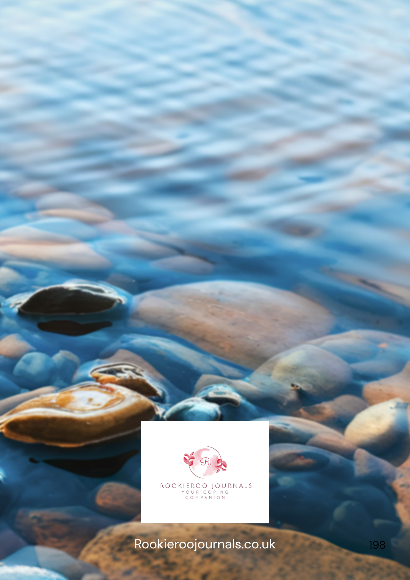 Ripples on water with stones and a logo in the corner