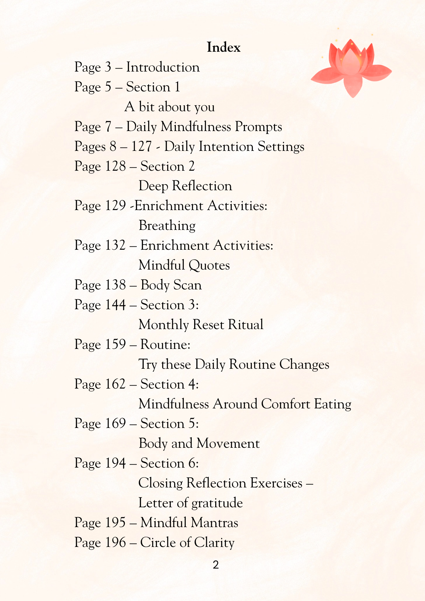 Index page of a book with a pink lotus flower on a light pink background