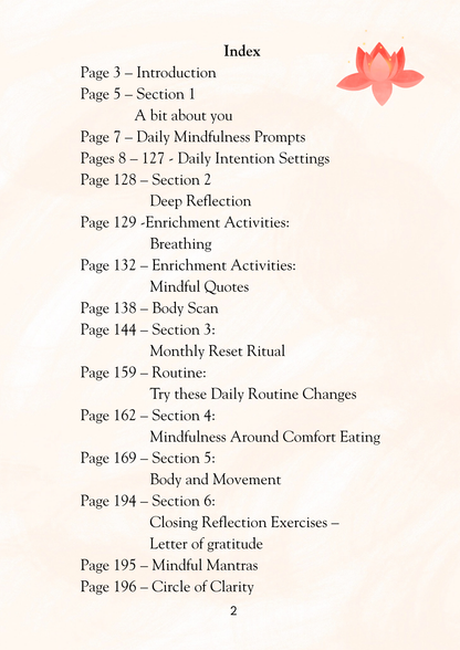 Index page of a book with a pink lotus flower on a light pink background