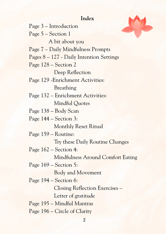 Index page of a book with a pink lotus flower on a light pink background