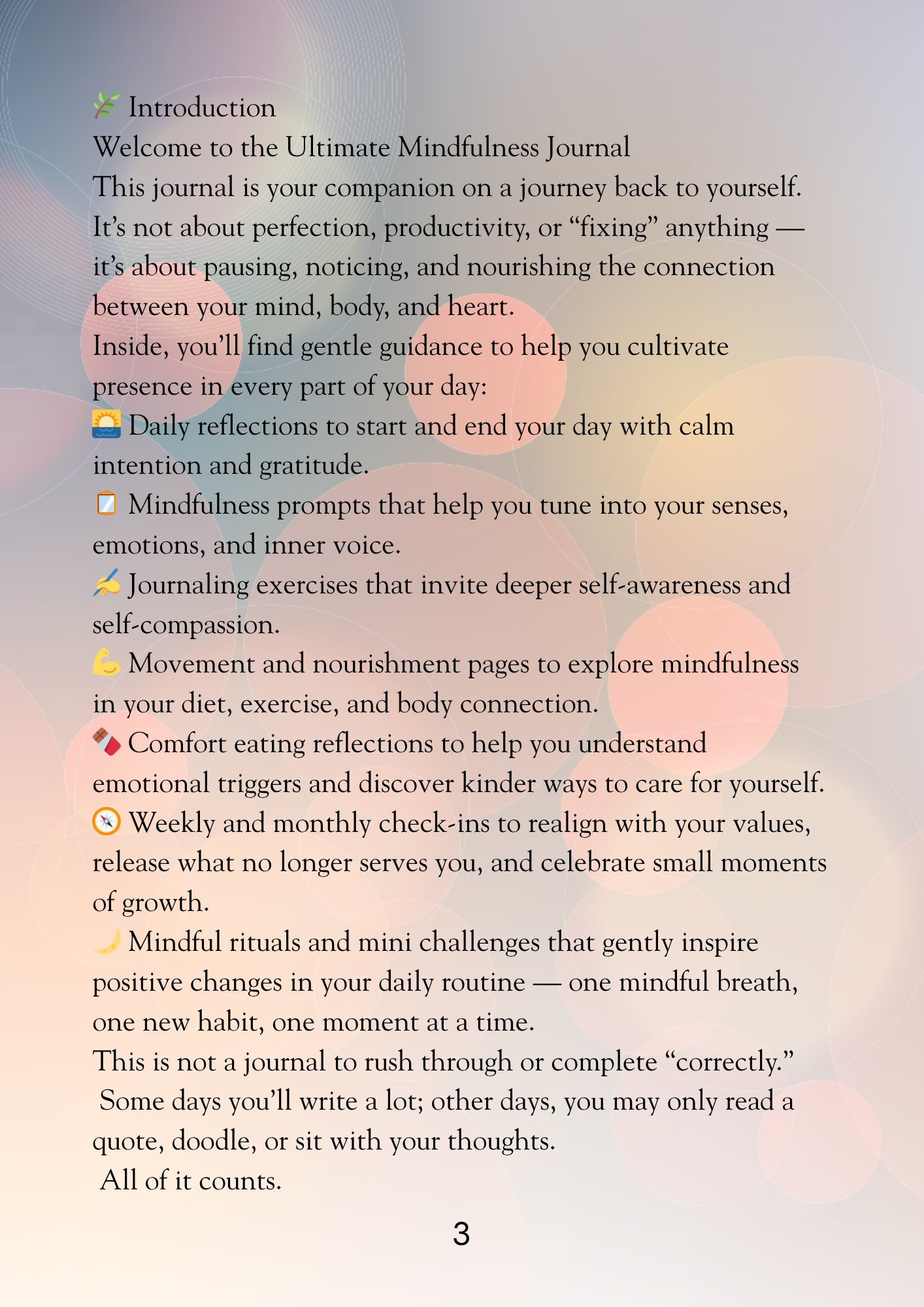 Introduction page of a mindfulness journal with text and bullet points.